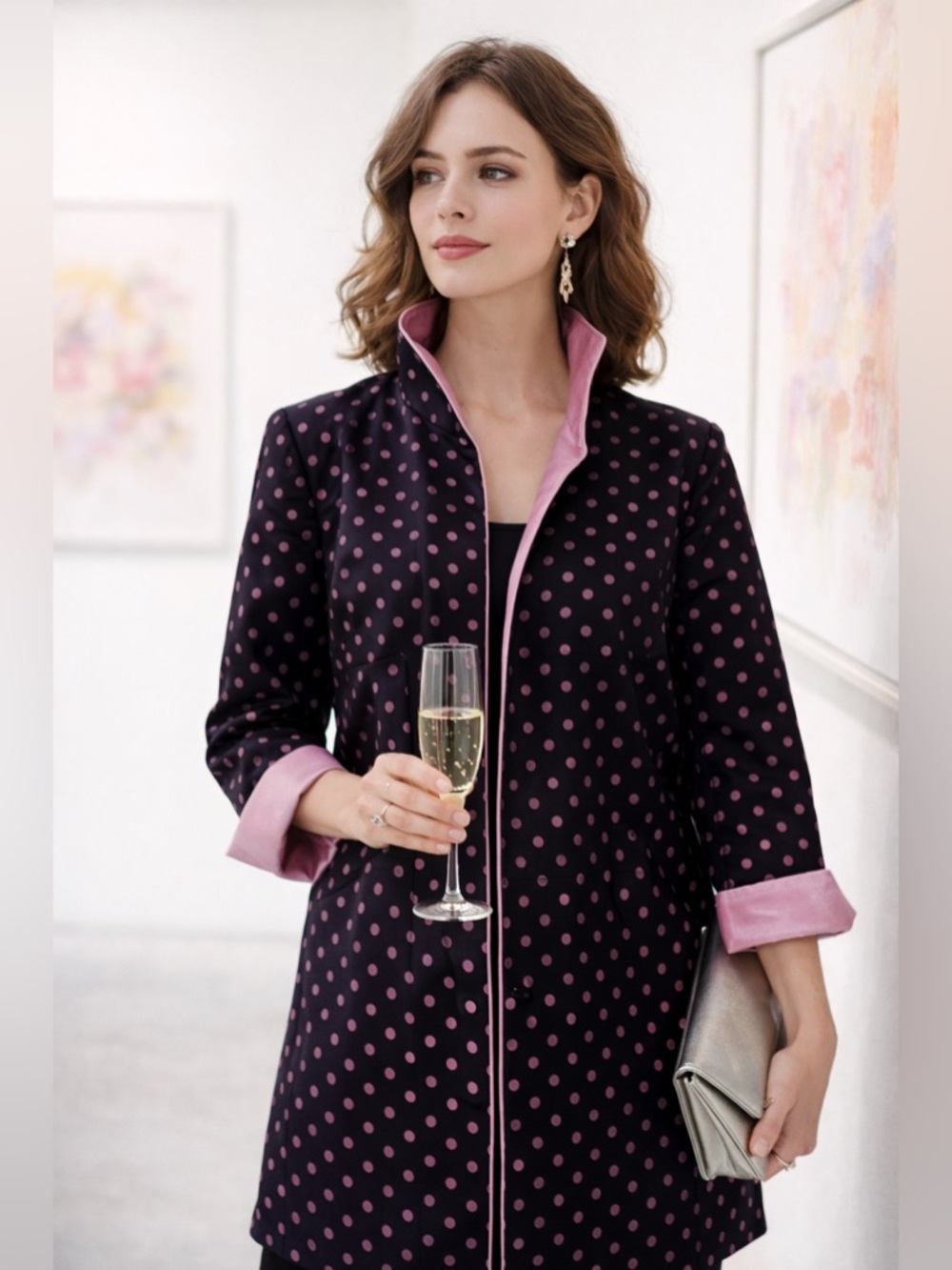 NWT Silk Cotton Jacket Long Pockets Women’s XL/L? Black Pink Polka Dot Party‎